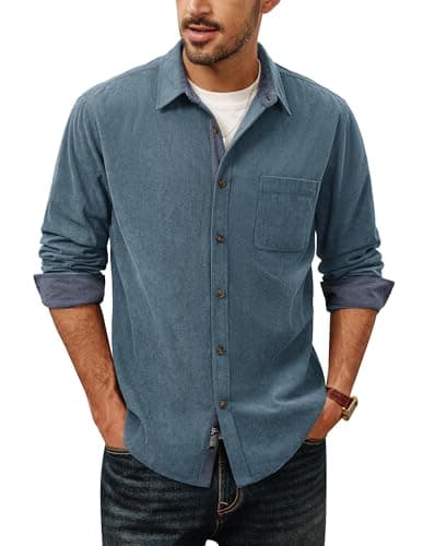 Image of PJ PAUL JONES Flannel Shirt Men Long Sleeves Corduroy Work Shirt with Flap Pockets Blue-Gray S