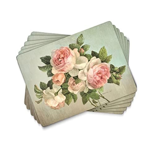 Image of Pimpernel Set of 6 Placemats - Cork-Backed Table Mats, Antique Rose Design with Heat Resistance & Stain Protection for Everyday Dining, 30.5 x 23cm