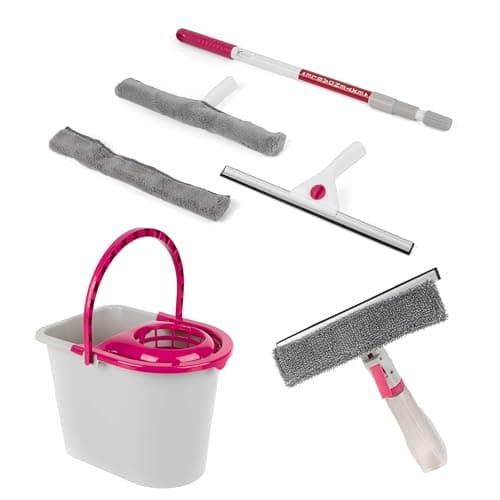 Image of Kleeneze COMBO-5659 Spray Window Wiper, 2 in 1 Microfibre Window Cleaning Set and 14 Litre Bucket, Pink/Grey