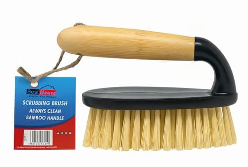 Image of BH | Scrubbing Brush with Bamboo Handle | 1 Pc | Iron Shaped | Stiff Nylon Bristles | Durable Hard Synthetic Scrubbing Brush Hand Tools to Clean and Scrub Floors Carpets Kitchen Bathroom - BEST HOUSE