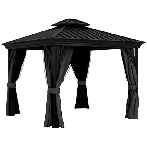 Image of Outsunny 3 x 3.7m Outdoor Hardtop Gazebo Canopy Aluminium Frame with 2-Tier Roof & Mesh Netting Sidewalls for Patio, Dark Grey