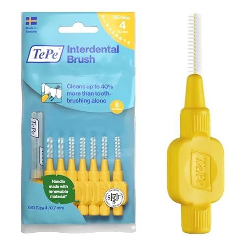 Image of TePe Interdental Brush, Original, Yellow, 0.7mm/ISO 4, 8pcs, efficient Cleaning Between Teeth, Plaque Remover and Dental flosser for Small Gaps