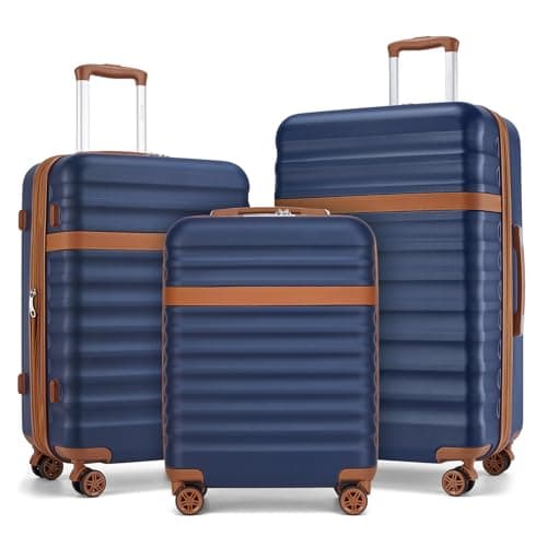 Image of Kono Luggage Sets Hard Shell Suitcase Sets of 3 Piece ABS+PC Lightweight Travel Trolley with TSA Lock Spinner Wheels (Navy/Brown)