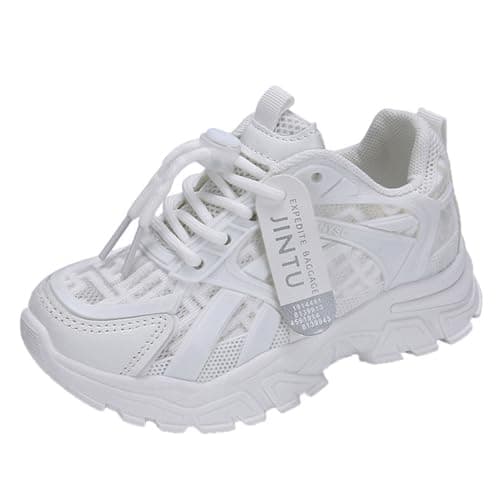 Image of Girls Trainers Kids Sports Running Shoes Toddler Sneakers Breathable Soft Walking Tennis Easy Fasten Mesh Upper Non-Slip Thick Chunky Sole White 2 UK