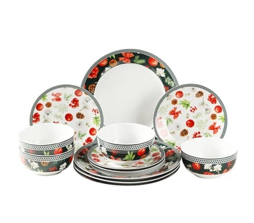 Image of simpa 12PC Christmas Flora Orchard Ceramic Dinner Set. 4 Dinner Plates, 4 Side Plates & 4 Bowls. Dishwasher & Microwave Safe.