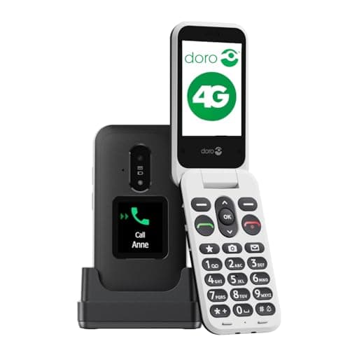 Image of Doro Leva E30-4G Flip Phone for Elderly - Large 2.8" Screen, External Display, High Contrast Keys, Loud & Clear Sound, Camera Secure Button - Charging Cradle - Black/White