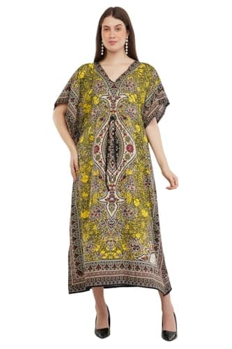 Image of Art Of Creation Women's Kaftan Dress Long Maxi Caftan Dressess Night Gown Beachwear Cover Up Tunic (Plus Size Top Color-Yellow