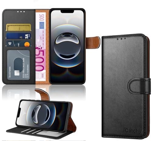 Image of iCatchy for iPhone 16E Case Leather Magnetic Wallet Flip Case Card Holder Stand Feature Full Protection Shockproof Phone Cover Compatible with iPhone 16e (Black)