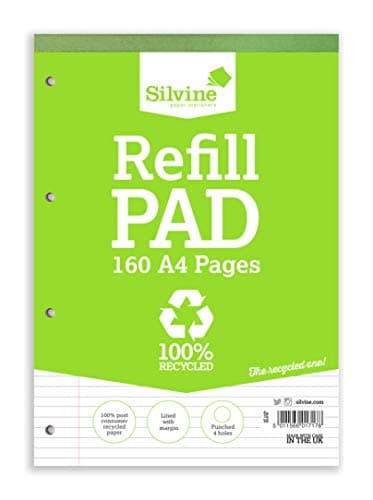 Image of Silvine 160 Page A4 Everyday Recycled Refill Pad, Ruled 8mm Feint with Margin [Pack of 6], White