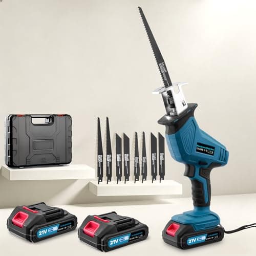 Image of Ankishi Blue Reciprocating Saw with 8 Saw Blades, DC 21V Cordless Reciprocating Saw with 2x2000mAh Battery, 0-4000 RPM Variable Speed Electric Saw for Wood, Plastic and Metal Cutting