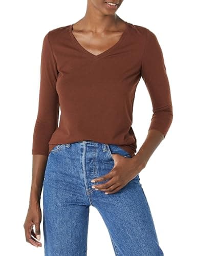 Image of Amazon Essentials Women's Regular-Fit 3/4 Sleeve V-Neck T-Shirt (Available in Plus Size), Chocolate, L