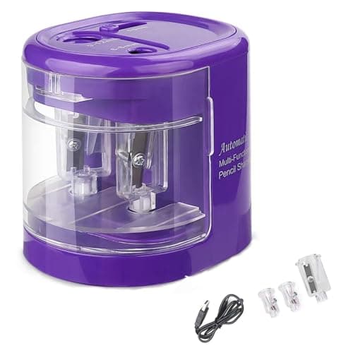 Image of JFQSUNSINE Pencil Sharpener with Container Electric - Pencil Sharpener, Work via USB Power or AA Batteries, Dual Hole for 6-8mm & 9-12mm Pencils, Easy to use for Home, School (Purple)