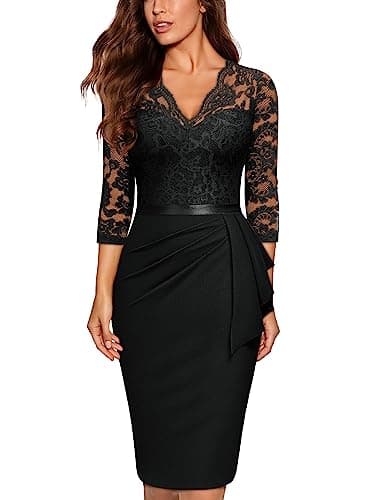 Image of MIUSOL Women's Vintage Lace V-Neck 3/4 Sleeves Cocktail Party Formal Wedding Guest Work Bodycon Dress (Medium, Black)