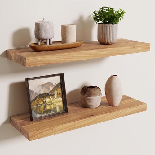 Image of Axeman Floating Shelves for Wall, 60cm Rustic Solid Elm Wood Shelves for Storage, Wall Mounted Display Shelving with Invisible Heavy-Duty Metal Bracket, 60x20x3.5cm (Natural, 2PCs)