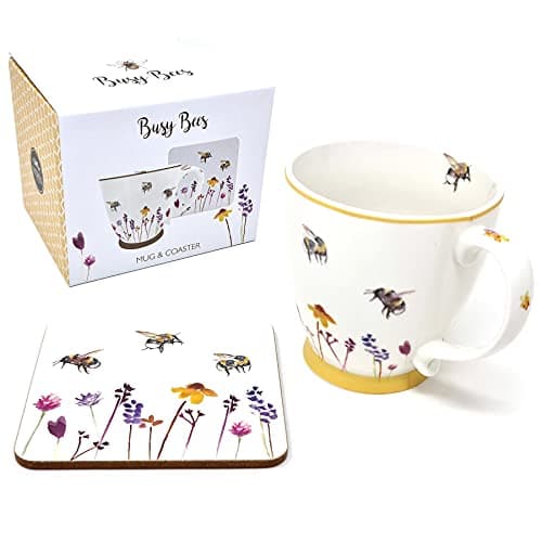 Image of The Leonardo Collection Breakfast Mug & Coaster Set Busy Bees Floral Design by Jennifer Rose Gallery Tea Coffee Cup Gift, White