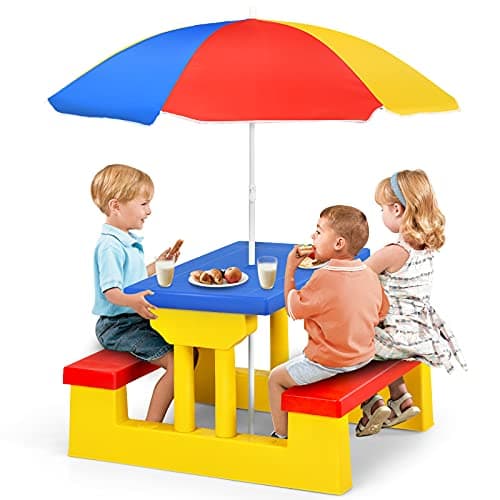 Image of GYMAX Kids Picnic Table, Garden Toddler Bench Set with Detachable Umbrella, Indoor Outdoor Children Activities Play Table for Boys Girls (Yellow + Red + Blue)