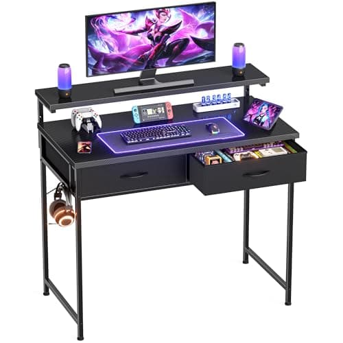 Image of HOMIDEC Gaming Desk with Adjustable Monitor Stand, Computer Office Desk with 2 Storage Drawers, Gaming Table with Headphone Hook, Carbon Fibre Surface, for Gamers, Workers and Students, Black, 80cm