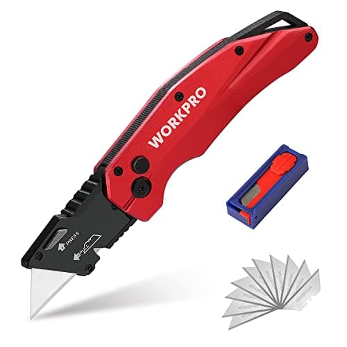 Image of WORKPRO Heavy Duty Folding Utility Knife, Metal Box Cutter with Quick-Change Blade, Axis Lock for Fast Opening and Secure Locking, Includes 10 Blades