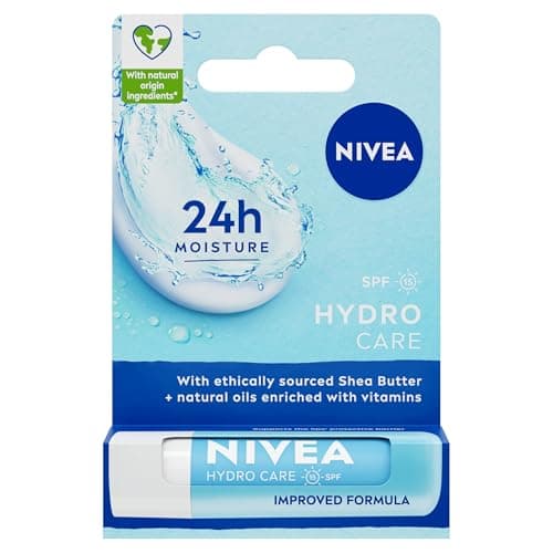Image of NIVEA Lip Balm Hydro Care with SPF 15 (4.8g), Hydrating Lip Balm with Shea Butter, Natural Oils and Vitamins, Provides 24 Hour Moisture and Protection