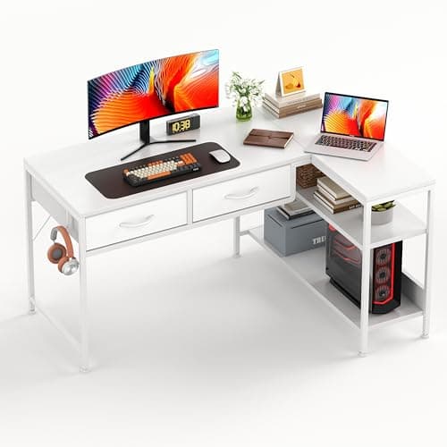 Image of CAIYUN L Shaped Computer Desk with 2 Drawers, 100CM Office Corner Desk with 2 Storage Shelves, Working Table Study Table for Home Office Desk, White