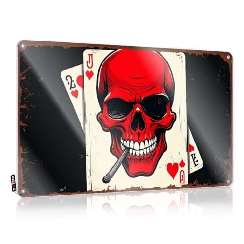 Image of Funny Vintage Metal Sign Red Skull With Playing Cards. Tin Sign Funny House Signs Metal Signs For Outside Home Dec(20X30CM)