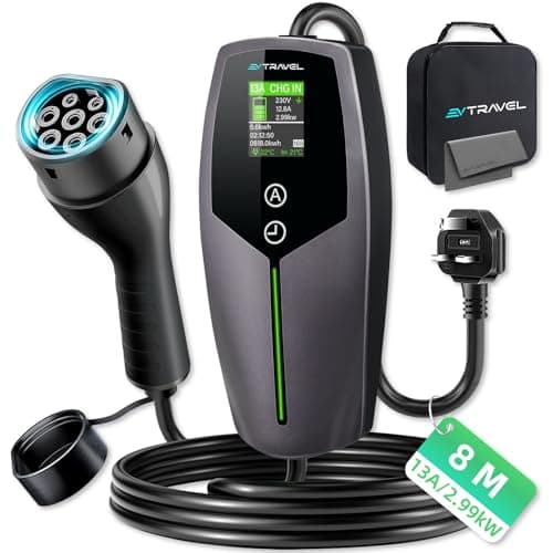Image of EVTRAVEL EV Charger Type 2 to 3 Pin Plug, Portable UK 3 Pin EV Charger, Adjustable Electric Car Charger [6/8/10/13A], 2.99KW EV Car Charger with LED Display, Type 2 Cable EVs and PHEVs (8M)