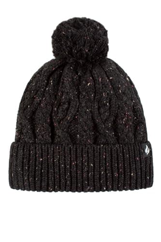 Image of HEAT HOLDERS SOCKSHOP Ladies Hat - Womens 'Salzburg' Cable Knit Patterned Flecked Yarn Thermal Hat with Pom Pom Winter Warm 1 Pack One Size Black
