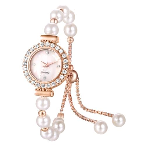 Image of Oidea Pearl Bracelet Watch for Women: Elegant Cubic Zirconia Diamond Round Dial Analog Quartz Wristwatch Faux Pearl Strap Adjustable Business Casual Dress Ladies Watch