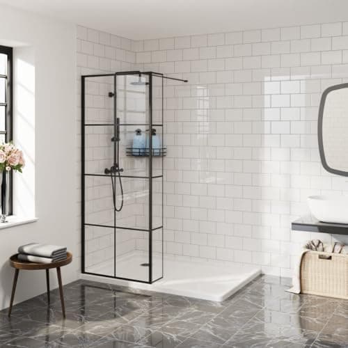 Image of Aquariss 900mm Walk in Wet Room Shower Enclosure 8mm Clear with Grid Easy Clean Glass Screen Panel with 215mm Return Panel Black Framed