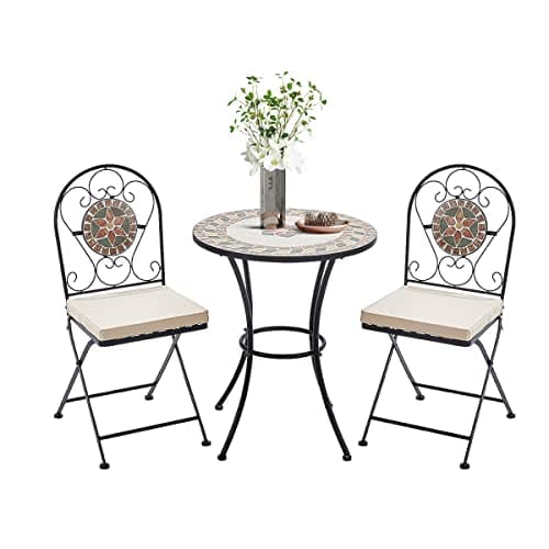 Image of Warmiehomy Bistro Set Mosaic Table and Chairs Garden Dining Table 2 Folding Chairs with Cushion Outdoor Coffee Table and Metal Chair Seat for Balcony, Patio,Cafe