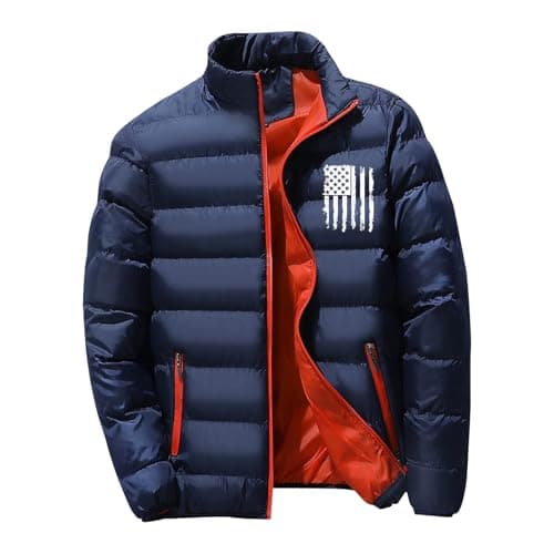 Image of RLEHJN Puffer Jacket Mens Winter Warm Coat Down Jacket Color Block Windbreaker Quilted Jackets Softshell Jackets Full Zip Stand Collar Coat with Zipper Pockets Outerwear Outdoor Sportswear S-3XL