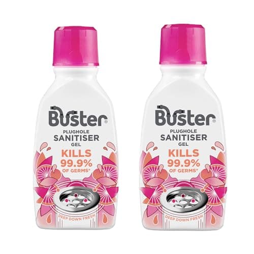 Image of Buster Plughole Sanitiser Gel (Berry - Pack of 2 x 300ml) Fast-Acting Sink and Drain Cleaner for Bad Smells and Stains, Kills 99.9% Germs on Drains & Stainless Steel Sinks, Fresh Scent - Made in UK