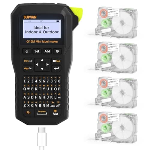 Image of SUPVAN G15M Mini Portable Label Maker Machine with 4 Tapes, Rechargeable 1200mAh Battery Thermal Transfer Printer, Compatible with Multi-Type Label, Home, Garage, Office & Outdoor