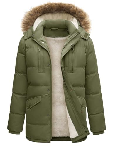 Image of TOMEEK Mens Coat Long Parka Padded Fleece Zip Up Coats Outdoor Windproof Coats Hooded Double Layer Warm Winter Quilted Jacket(Military Green,S)