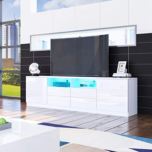 Image of Senvoziii LED TV Stand Unit, White High Gloss Front Sideboard TV Cabinet with 2 Doors 4 Drawers for Bedroom Living Room 180cm