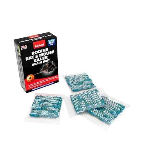 Image of RENTOKIL Rodine Rat & Mouse Killer Grain Bait (4 Pack) - Rodent Poison, Ready to Use Rodenticide for Mice and Rats, Chew Through Sachet, Kills in One Feed, Use in Tamper Resistant Bait Boxes
