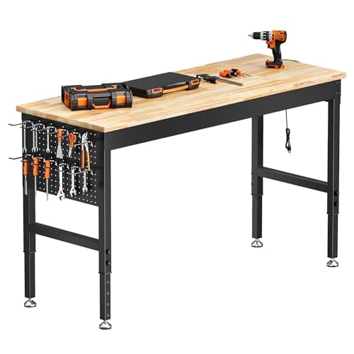 Image of 152 x 55 cm Adjustable Heavy-Duty WorkBench, 2000 LBS Load Capacity Rubberwood Work Table with Pegboard, Built-in Power Strip, 6 Adjustable Heights, Workbench for Workshop, Garage, Office, and Home