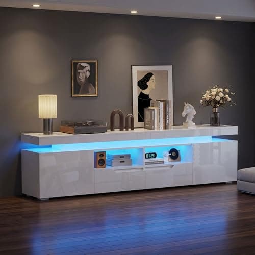 Image of High Gloss 2M TV Cabinet with 16 LED Lights – Modern TV Stand Unit up to 55–75 Inch TVs, Handleless TV Stand Cabinet w/2 Storage Drawers & Cupboards for Living Room, Entertainment Unit (200cm New)