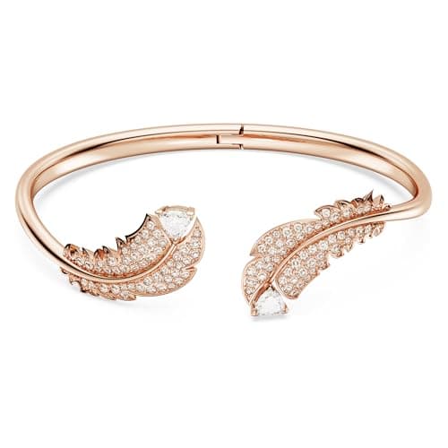 Image of Swarovski Nice Feather Bangle Bracelet, White Crystals and Pink Crystal Pavé with Rose Gold-Tone Plating, from the Swarovski Nice Collection, Size L
