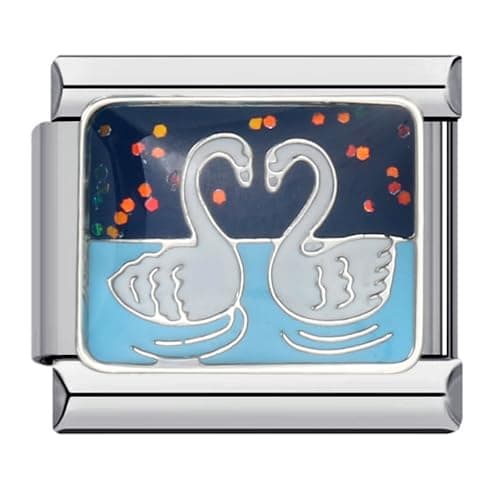 Image of Mon & Sons Funny Nurse Love Heart Butterfly Elephant Horse Pony Swan Monkey Teddybear Coffee Charm Silver 9mm Italian Link Compatible With Modular Bracelet (Swan Birds Love Heart Couple)
