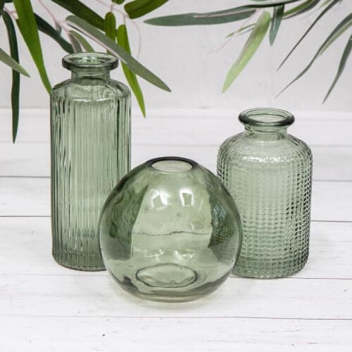 Image of Set of 3 Green Vintage Glass Ribbed Bottle Flower Display Bud Vases