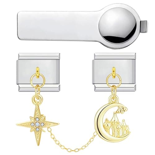Image of VLYX Personalized Double Pendant Style Charm – 9mm Stainless Steel Italian Link Bracelet Accessory with Installation Tool (Four-Pointed Star & Castle)