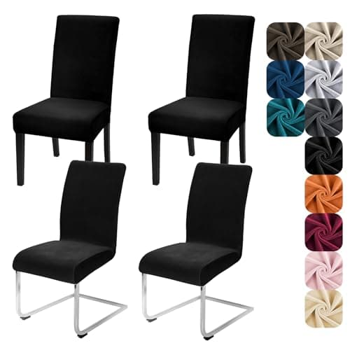 Image of Alishomtll Dining Chair Covers Set of 4 Stretch Velvet Chair Covers for Dining Chairs Elastic Removable Chair Slipcovers Reusable Washable Chair Protector for Hotel Banquet Ceremony (Black, 4pcs)