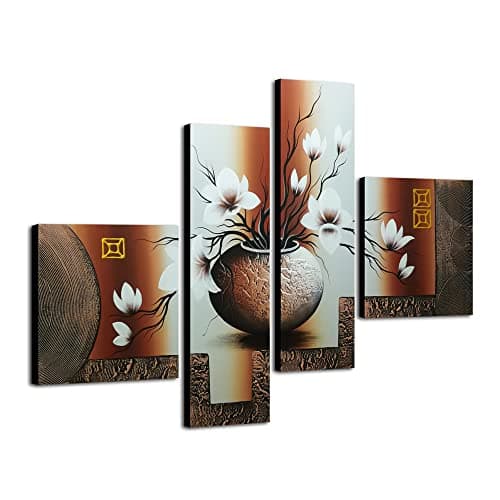 Image of Wieco Art - Large Size Decorative Elegant Flowers 4 Panels 100% Hand Painted Modern Contemporary Artwork Floral Oil Paintings on Canvas Wall Art for Home Decorations Wall Decor L