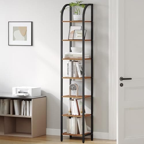 Image of Hzuaneri Bookcase, 7-Tier Bookshelf, Narrow Bookcase Shelving Unit for Living Room, Office, Sturdy, Bedroom, 30 x 33.6 x 208.5 cm, Industrial, Rustic Brown and Black, BC57001B