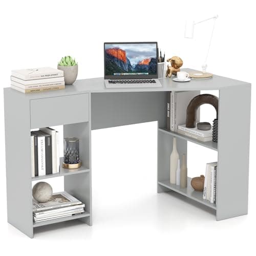 Image of COSTWAY L-Shaped Computer Desk, 120cm Corner Wooden Study Table Writing Workstation with Open Shelves & Drawer, Modern PC Laptop Table Working Desk for Home Office Bedroom (Grey)