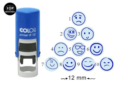 Image of IMPACT2PRINT Face Emoji Design Self Inking Mini Stamp Colop R-12 School Kids Stationary Rubber Stamper 12mm (Blue, Design-10)