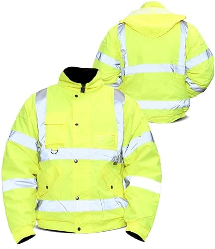 Image of Mega_Jumble Men's Hi Vis Jacket Hi Viz Safety Security Work Wear Bomber Jacket Reflective Protective Waterproof Windproof Jacket With Concealed Hood (UK, Alpha, M, Regular, Regular, Yellow)