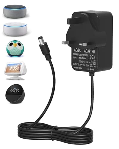 Image of Binamao 12V 1.25A 15W Power Supply Charger Compatible with Echo Dot (3rd/4th/5th Gen) Echo Dot with 3/4 Gen Echo Dot Kids Edition 3/4 Gen Echo Show 5 (1/2Gen) Echo Spot Fire TV Cube, 1.5M Cord - Black
