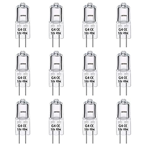 Image of Caldarax 12 Pack G4 Halogen Light Bulbs 20W 12V Dimmable, Clear Capsule 2 Pin Lamp Bulb, 2700K Warm White, 280 Lumen, G4 Halogen Pin Base Bulbs, for Ceiling Light, Table Lamps, Cabinet Lighting